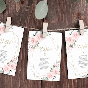 Blush roze bloemen zitplaatsen tabel kleine pagina's, BEWERKBARE sjabloon, Boho Find Your Seat-kaarten, DIY bloemen afdrukbaar plan, elegante zitplaatskaart