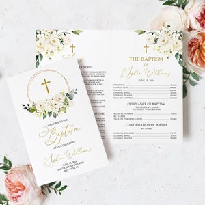 May include: A white and gold baptism program with floral designs. The program includes the name "Sophia Williams" and the date "June 15, 2004".