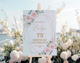 Letrero de bienvenida de cumpleaños con rosa rosa ruborizada: marco dorado, plantilla editable (descarga digital)