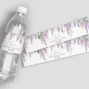Étiquette de bouteille d'eau glycine violette, modèle d'étiquette d'eau de douche de bébé floral lavande MODIFIABLE, étiquette de mariée imprimable, TÉLÉCHARGEMENT IMMÉDIAT
