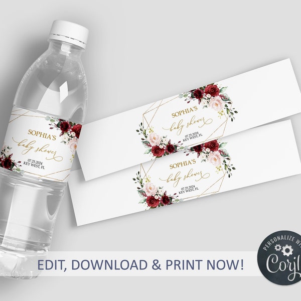 Marsala & Blush Pink Floral Water Bottle Label, EDITABLE Red Rose Flowers Water Labels, Printable Birthday Template, Custom Baby Water Label