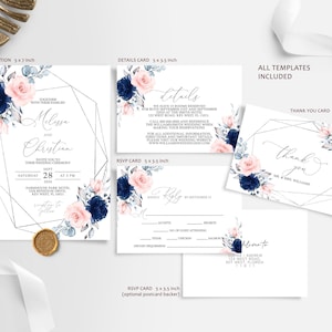 Roze en marineblauwe bloemen bruiloft uitnodigingsset | BEWERKBARE sjabloon | Afdrukbare bruiloftuitnodiging met blauwe roos en zilveren lijst | Reageren, details, bedankt
