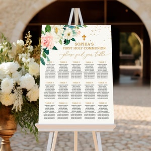 Eerste communie zitplaatsen grafiek, BEWERKBARE Boho Blush roze bloemen tabel poster sjabloon, DIY afdrukbare bloemen doop zitplaatsen plan ezel