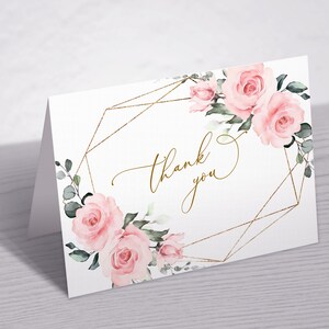 Blush rosa Blumen Dankeskarte, druckbare Dankeschön-Karte, Rose Blumen Braut Brunch, Boho Baby Shower, eleganter Geburtstag, Hochzeit