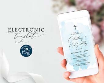 Blue Christening & 1st Birthday Invitation Template (Digital Download)