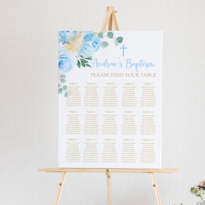 Blaue Blumen Taufe Sitzplan, EDITIERBARE Vorlage, Boho Rose Blumen Tisch Poster, DIY druckbare Vorlage, Junge Gold Blätter Sitzplan
