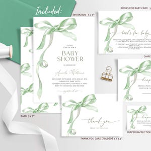 Invitation de fête de naissance avec noeud vert sauge | Modèle modifiable de saupoudrer de bébé ruban aquarelle vert imprimable | Coquette élégante minimaliste