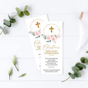 Blush Pink Erstkommunion Lesezeichen Vorlage, EDITIERBARE, florales Lesezeichen Andenken, druckbare Taufbevorzugungen, Gold Glitzer Taufe