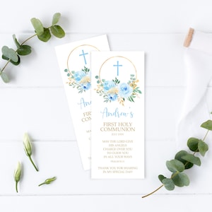Lesezeichen für die erste heilige Kommunion | Bearbeitbare blaue Rose Blumenvorlage | Druckbare Taufbevorzugung | Gold Glitter Taufe Andenken
