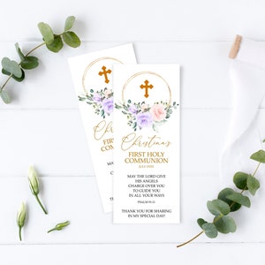 Erstkommunion Lesezeichen Vorlage, EDITIERBARE, Blush Pink & Violet Blumen Lesezeichen Andenken, druckbare Taufbevorzugungen, Gold Glitter
