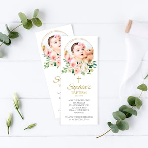 Marque-page de baptême + modèle photo, MODIFIABLE, souvenir de marque-page floral rose blush, faveurs de baptême imprimables, première communion à paillettes dorées