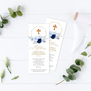 Plantilla de marcador de primera comunión floral azul marino y dorado, EDITABLE, recuerdo de marcador floral, favores de bautismo de flores de rosa azul imprimibles
