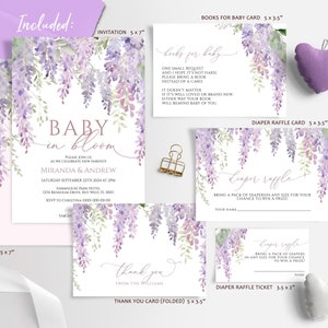Elegant Purple Wisteria Baby Shower Invitation Set | EDITABLE Lavender Floral Invite | Violet Flowers Baby Sprinkle Template