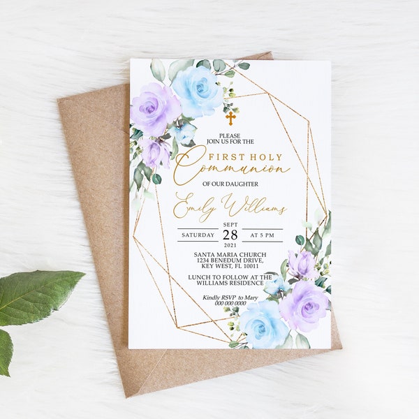 Blue & Purple Flowers First Holy Communion Invitation, EDITABLE Template, Boho Floral Neutral Printable Christening Invite, Gold Frame Card