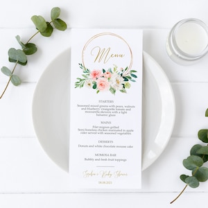 Menú Floral, EDITABLE, Plantilla de Boda de Flores Rosa Rubor Imprimible, Brunch Nupcial Boho Rose, Baby Shower de Corona Dorada, Cumpleaños, Bautismo