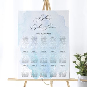 Grafico dei posti a sedere blu, MODIFICABILE, Poster da tavolo ad acquerello, Modello stampabile fai da te, Piano di posti a sedere moderno per matrimoni di grandi dimensioni, Semplice, Download istantaneo