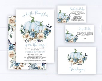 Blue Little Pumpkin Baby Shower Invitation Set, Printable 100% Editable Template, Fall Autumn Boy Invite, Navy & Ivory Brunch Event Pack