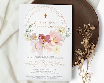 First Holy Communion Invitation, EDITABLE Template, Wildflower Printable Invite, Pink & Red Flowers Girl Dedication, Gold, Instant download