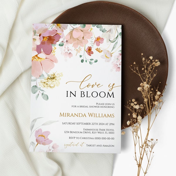 Love is in Bloom Wildflower Bridal Shower Invitation, EDITABLE Template, Printable Red & White Floral Brunch Invite, Boho Flowers Card