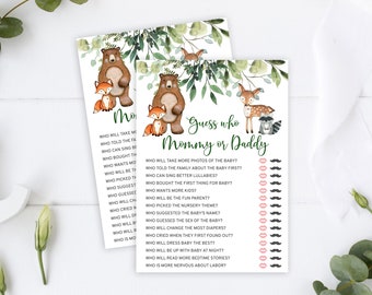 Woodland Baby Shower Game: Guess Who Mommy or Daddy (EDITABLE, INSTANT DOWNLOAD)