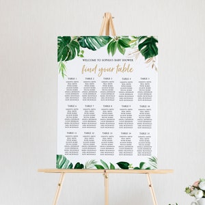 Tropische zitplaatsen grafiek, BEWERKBAAR, tafelposter, groen DIY afdrukbare sjabloon, groen blad grote bruiloft zitplaatsen plan, Instant Download