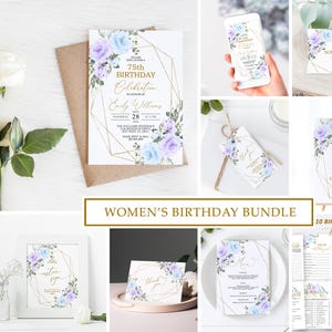 Pacote de convites para o aniversário de 75 anos com flores azuis e roxas | Convite floral feminino editável para aniversário | Moldura dourada para celebração de qualquer idade para impressão