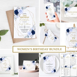 Pacote de convites para o aniversário de 75 anos com flores azuis marinhos | Modelo EDITÁVEL | Convite de aniversário para impressão com moldura dourada geométrica elegante | Qualquer idade