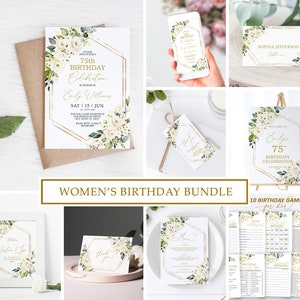 Pacote de convites para o aniversário de 75 anos com flores de rosas brancas | Modelo EDITÁVEL | Convite de aniversário para impressão com moldura dourada | Convite de aniversário para qualquer idade