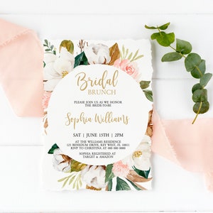 Magnolia bruidsbrunch uitnodiging, BEWERKBARE sjabloon, Blush roze bloemen afdrukbare douche uitnodigen, groen & witte bloemen Hens Night Card