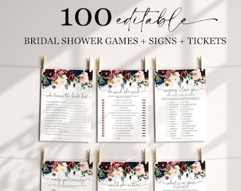 May include: Set of six printable bridal shower games with floral designs in shades of burgundy, pink, and blue. The games include "Who Knows the Bride Best", "He Said She Said", "Saying I Love You Around the World", "Emoji Pictionary", "Would She Rather", and "What's in Your Purse".