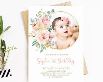 Blush Pink Floral 1st Birthday Invitation: Editable Girl Template