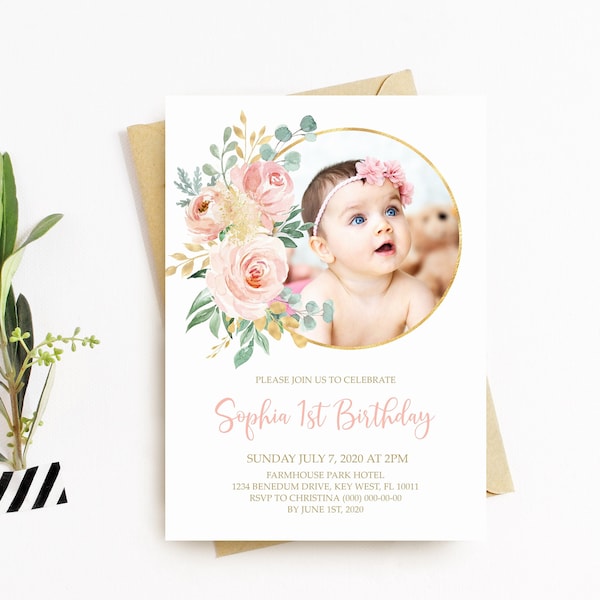 Blush Pink Floral 1st Birthday Invitation: Editable Girl Template