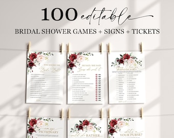 May include: Set of 100 printable bridal shower games, signs, and tickets. The games include "Who Knows the Bride Best", "He Said, She Said", "Around the World", "Emoji Pictionary", "Would She Rather", and "What's in Your Purse". The designs feature a floral theme with burgundy and pink flowers.