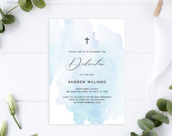 EDITABLE Dedication Invitation Template, Blue Printable Baptism Invite, Boy Christening, Religious, Neutral, Simple, Instant download