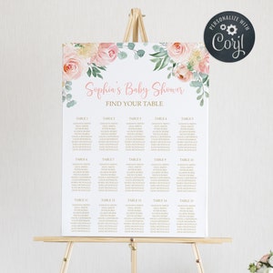 Blozen roze en gouden zitplaatsen grafiek, BEWERKBARE tafel poster, DIY Boho afdrukbare sjabloon, mooie bloemen zitplaatsen plan, Instant Download