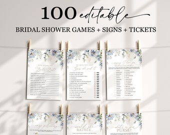 Blue Hydrangea Bridal Shower Games Bundle: Editable Floral Template (Digital Download)