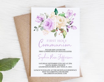 EDITIERBARE Erstkommunion Einladungsvorlage, Lavendel Blumen Mädchen Widmung einladen, druckbare lila & weiße Rose Taufkarte
