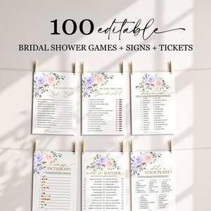 Blush Pink & Violet Flowers Bridal Shower Games Bundle, EDITABLE Boho Purple and Gold Frame Template, Printable Bridal Games and Decorations