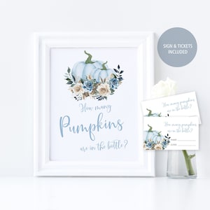 Fiori blu Quante zucche ci sono nella bottiglia Gioco, Segno stampabile del gioco Baby Shower e Scheda di risposta, Floreale avorio, Autunno, DOWNLOAD immediato