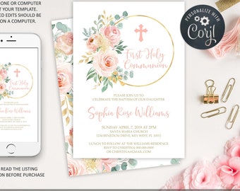Blush Pink Floral First Communion Invitation Template (Digital Download)