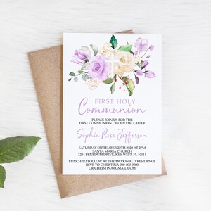 EDITIERBARE Erstkommunion Einladungsvorlage, Lavendel Blumen Mädchen Widmung einladen, druckbare lila & weiße Rose Taufkarte