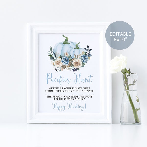 Blue Pumpkin Pacifier Hunt Sign, EDITABLE, Printable Template, Fall Autumn Find The Pacifier Game, Navy & Ivory Floral Brunch, INSTANT DOWNL