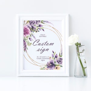 Sinais ilimitados florais de lavanda, modelo EDITÁVEL, sinal personalizado de flores roxas, para impressão, 5x7, 8x10, chá de bebê rosa violeta, sinal de aniversário