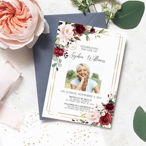 Modèle d’invitation funéraire de fleur de Marsala, MODIFIABLE, Annonce imprimable, Service commémoratif floral, Célébration de la vie, Téléchargement instantané