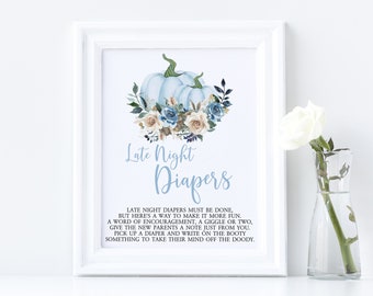 Blue Pumpkin Late Night Diapers Sign: Fall Baby Shower Game (EDITABLE, INSTANT DOWNLOAD)