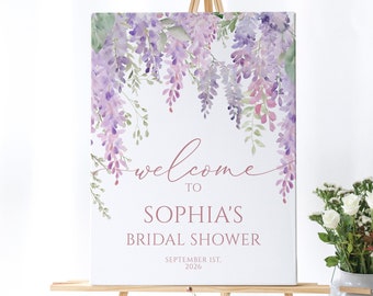 Letrero de bienvenida para despedida de soltera con glicina, póster floral morado (editable e imprimible)