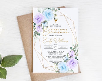 Blue & Purple Flowers First Holy Communion Invitation, EDITABLE Template, Boho Floral Neutral Printable Christening Invite, Gold Frame Card