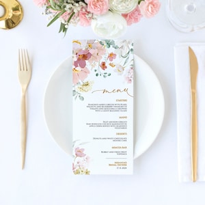 Menú de Flores Silvestres, Plantilla EDITABLE, Menú de Boda Floral Imprimible, Brunch Nupcial de Flores Rojas y Rosas, Baby Shower, Cumpleaños, Bautismo