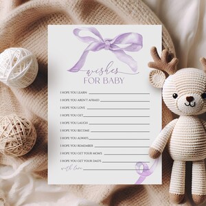 Lavendel-Bogen-Wünsche für Babyparty-Karte | EDITIERBARE Aquarell Lila Ribbon Baby Andenken Vorlage | Moderne Babypartywunschkarte