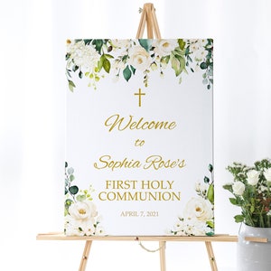 Weiße Blumen Willkommensschild, EDITIERBARE Vorlage, Erstkommunion Blumen großes Poster, Rose & Grün Taufe Schild, druckbares Duschschild